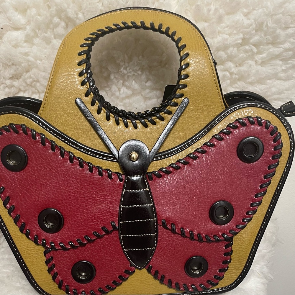 Butterfly Accent Yellow and Red Leather Tote